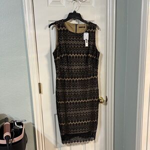 NWT Tahari Black and Tan Lace Midi Dress
